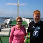 Julia and Sam on deck as bow of MV Confederation closes for 75 minute crossing of Northumberland Strait between Prince Edward Island and Nova Scotia