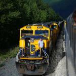 Passing Alaska Railroad freight train