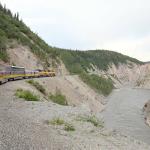 Northbound Denali Star rounds a bend in the Susitna River