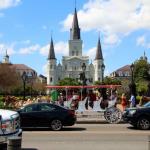 St. Louis Cathedral and Jackson Square as seen between two buses used for Tucker Middle School band and orchestra tour, April 2, 2015