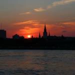 Sunset view of New Orleans and St. Louis Cathedral from deck of paddle wheel riverboat Natchez, April 3, 2015