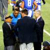 Trent Miles, Ron Hunter, Senator Ronnie Chance, and GSU President Mark Becker on sidelines before GSU vs Abilene Christian game, August 27, 2014