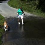 Molly and Julia approach the creek crossing Timpson Cove Road to enter Lake Burton