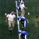 Coach Shawn Elliott fires up Panthers during pregame stretching