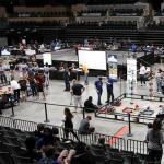 1320C RoboTigers and alliance partners 45464 Square Z from Chino Hills, California wait for the start of their first match in the tournament