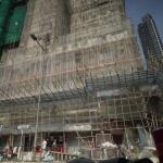 Bamboo scaffolding used on buildings of all heights in Hong Kong as seen on the way to the Hong Kong International Airport 
