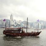 Chinese junk and harbor tour boat, Aqua Luna II, on Victoria Harbor