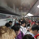 Fully loaded MTR train on the way back to Royal Plaza Hotel in Mong Kok