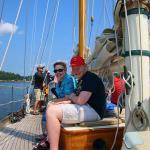 Julia and Sam on board Schooner Heron for lobster roll lunch cruise from Rockport, Maine harbor