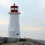 Sam approaches Peggy's Cove lighthouse
