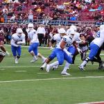 Demarcus Kirk takes handoff from Nick Arbuckle against Texas State, November 14, 2015