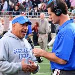 Coach Trent Miles is all smiles after big first half by Panthers against Texas State, November 14, 2015
