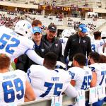 Offensive line celebrates first touchdown of the game against Texas State, November 14, 2015
