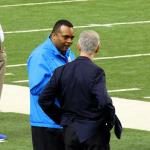 GSU basketball coach Ron Hunter chats with GSU President Mark Becker prior to football game