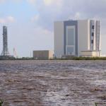 Vehicle Assembly Building and under construction launch tower for next generation NASA SLS rocket at Kennedy Space Center