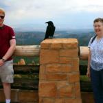 Sam, friendly crow, and Julia at Ponderosa Point in Bryce Canyon NP