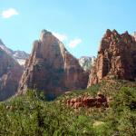 Court of Patriarchs in Zion NP named by Methodist pastor for Abraham, Isaac and Jacob with Mount Moroni in the background (at right) named for angel who appeared to Joseph Smith