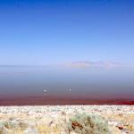 Great Salt Lake with morning mist as seen from  Antelope Island causeway