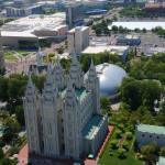 Temple Square from roof top of LDS Church Office Building with Mormon Tabernacle behind Temple