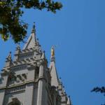 Gold statue of Moroni, the angel appearing to Joseph Smith, on top of the Temple in Salt Lake City