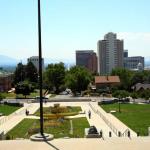 View of State Street and downtown Salt Lake City from steps of Utah State Capitol Building