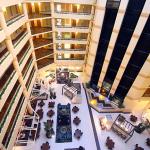 Atrium of DoubleTree SUites Hotel in downtown Salt Lake City, where we spent first two nights